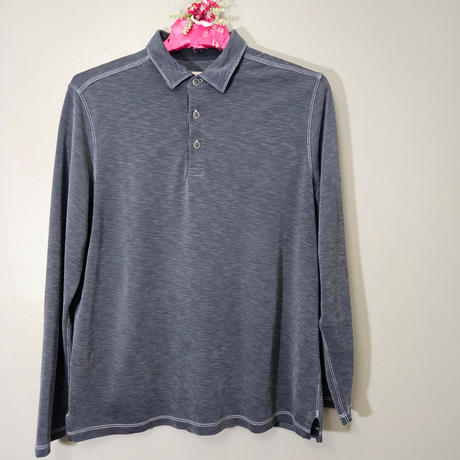 Tommy Bahama Menâs M Long Sleeve Polo Shirt Gray Modal Blend Pullover Knit